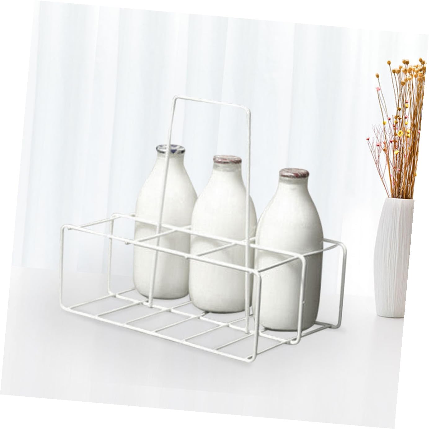 Handlicher Flaschenträger 6 Flaschen aus Eisen Weiß Wasserfest mit Griff für Milch und Bierflaschen im Küchenbereich