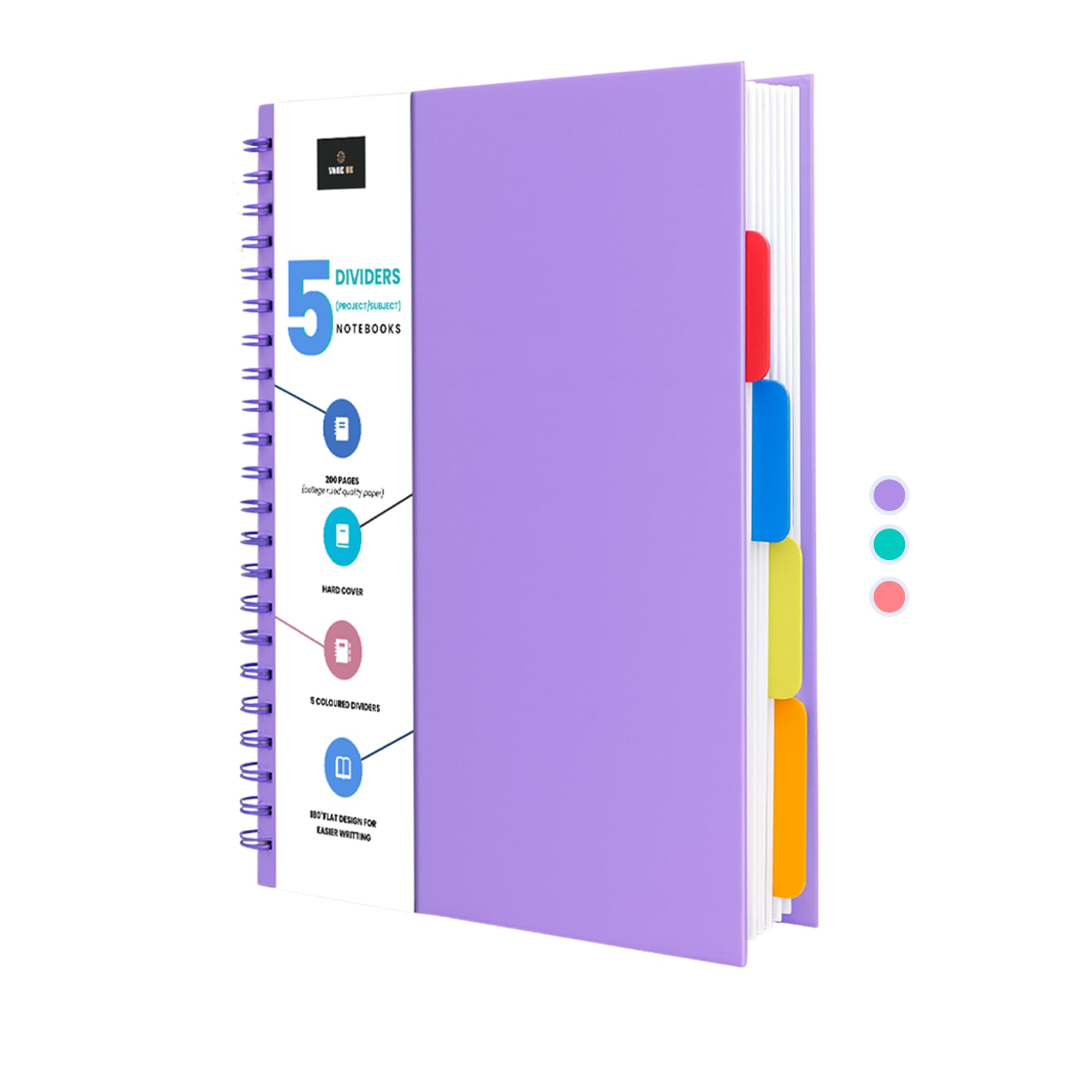 VABE UK A5 Hardback Lined Notebook with 5 Dividers - Project, subject or Journal Notebook With Premium Quality Writing Paper, 200 Pages Wirebound Notebook (Purple)