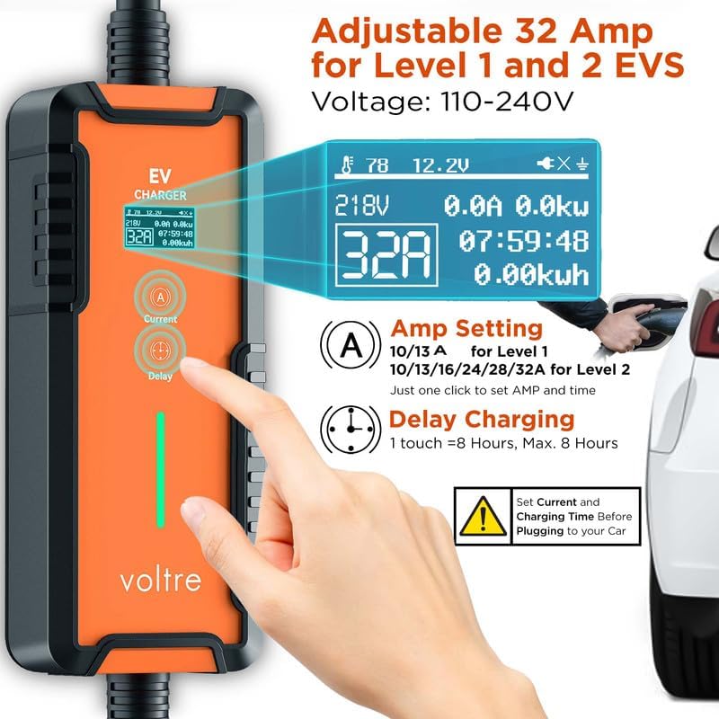 Close-up of the Voltre M2 EV charger's display showing adjustable amperage settings and delay charging options.