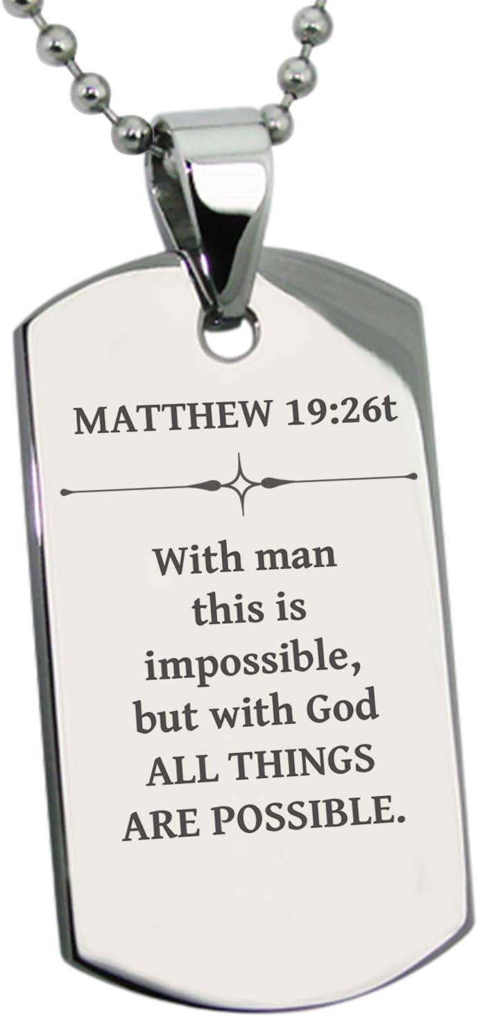 Stainless Steel With God All Things Are Possible Matthew 19:26 Dog Tag Pendant Necklace