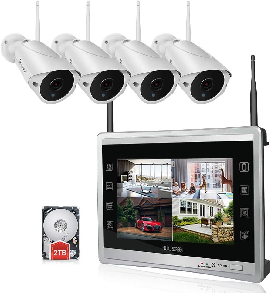 1080P Wireless Security Camera System with 11” Monitor HD 2MP 4CH Home Video Surveillance System Built in 2TB HDD Indoor Outdoor Waterproof CCTV WiFi Cameras with IR Night Vision