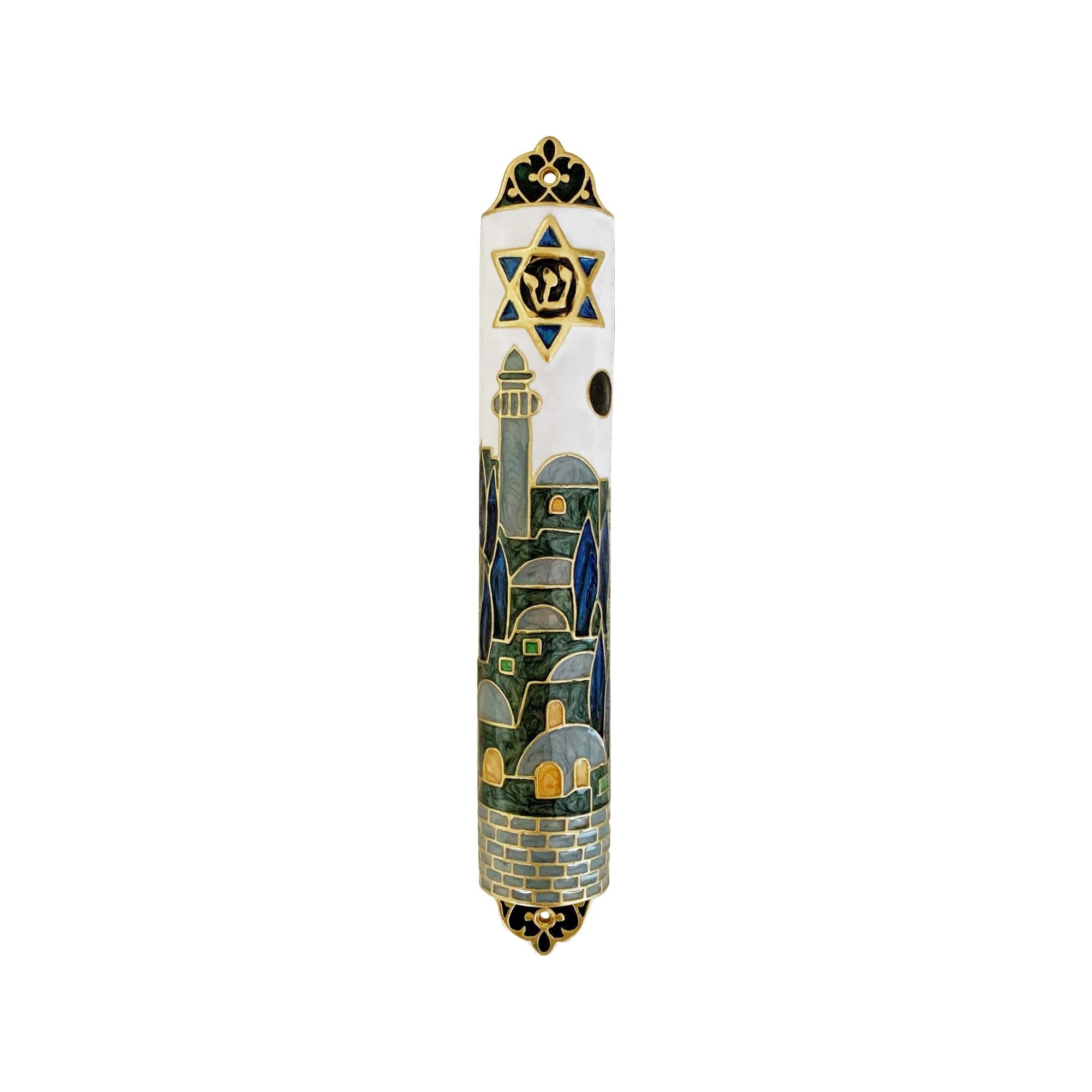 Hand Painted Mezuzah, Exquisite Enamel Mezuzah with Star of David and Jerusalem Motifs