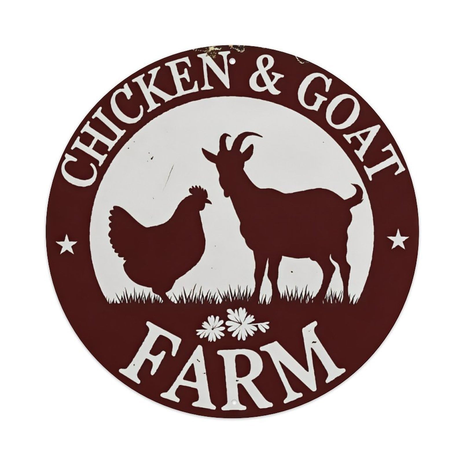 Ldfuieksufg Style Round Burgundy Chicken & Goat Farm Silhouette Metal Wall Sign Vintage Aluminium Metal Sign, Retro Wall Decor For Home, Bar, Garage & Farmhouse 20X20cm