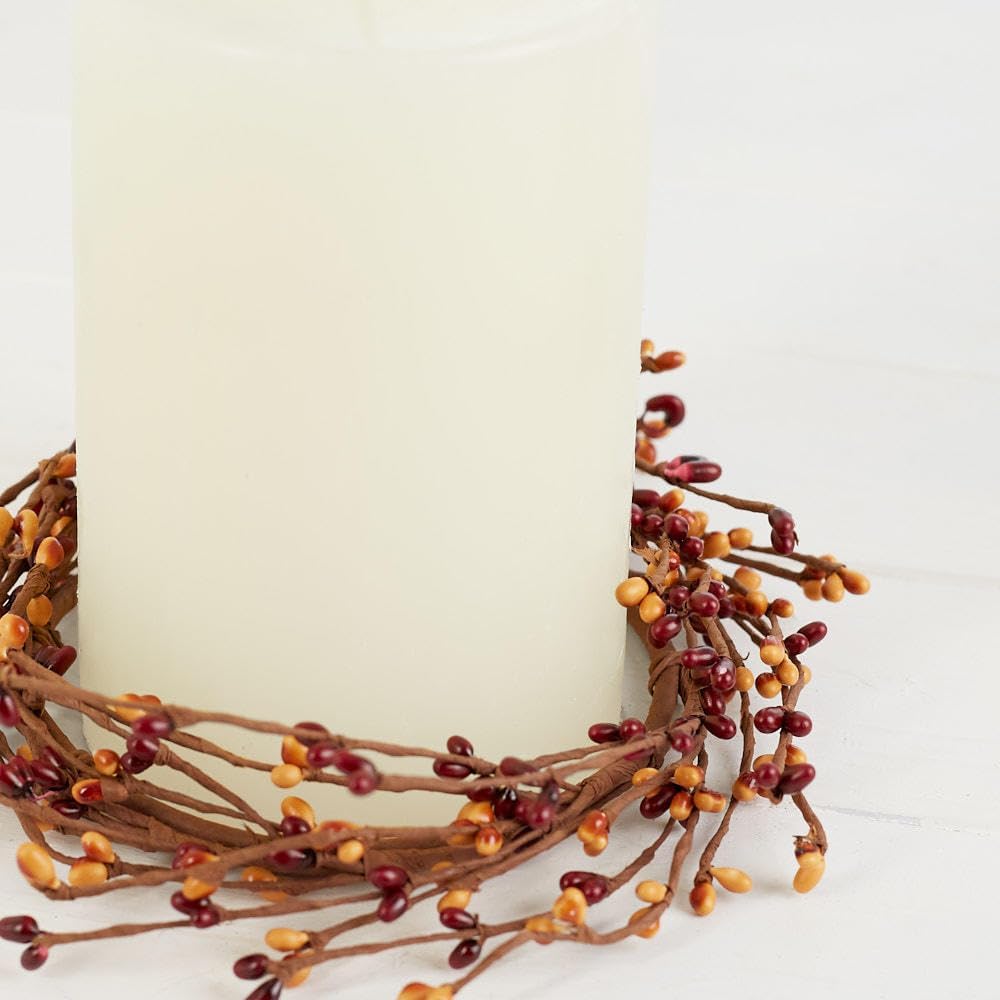 Artificial Mustard and Burgundy Pip Berry Candle Rings – Pack of 2 Fall Berry Farmhouse Home Decor for Centerpiece Decorations (Size: 8" diam)