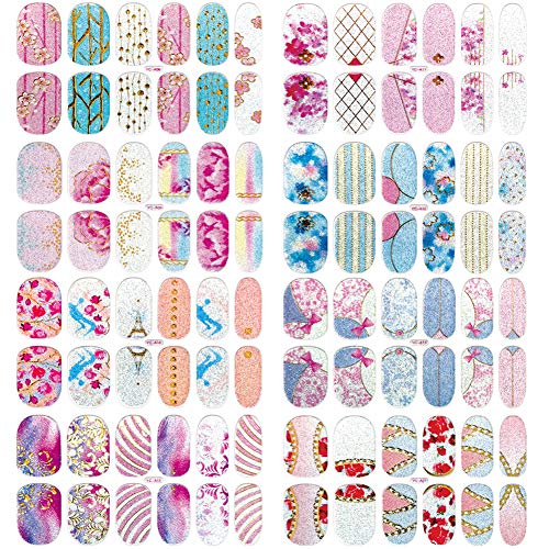 Comdoit 8 Sheets Nail Polish Strips Glitter Nail Wraps Full Nail Stickers Color Nails Strips Self Adhesive Nail Polish Wraps Decal Nail Design Stickers Manicure Strips Set for Women Girls
