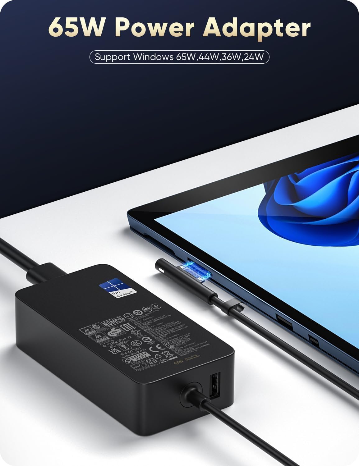 Caricabatterie 65W Per Microsoft Surface Pro 7/6/5/4, Laptop 3/4, Book 2/1, Go - Porta USB Integrata - 2