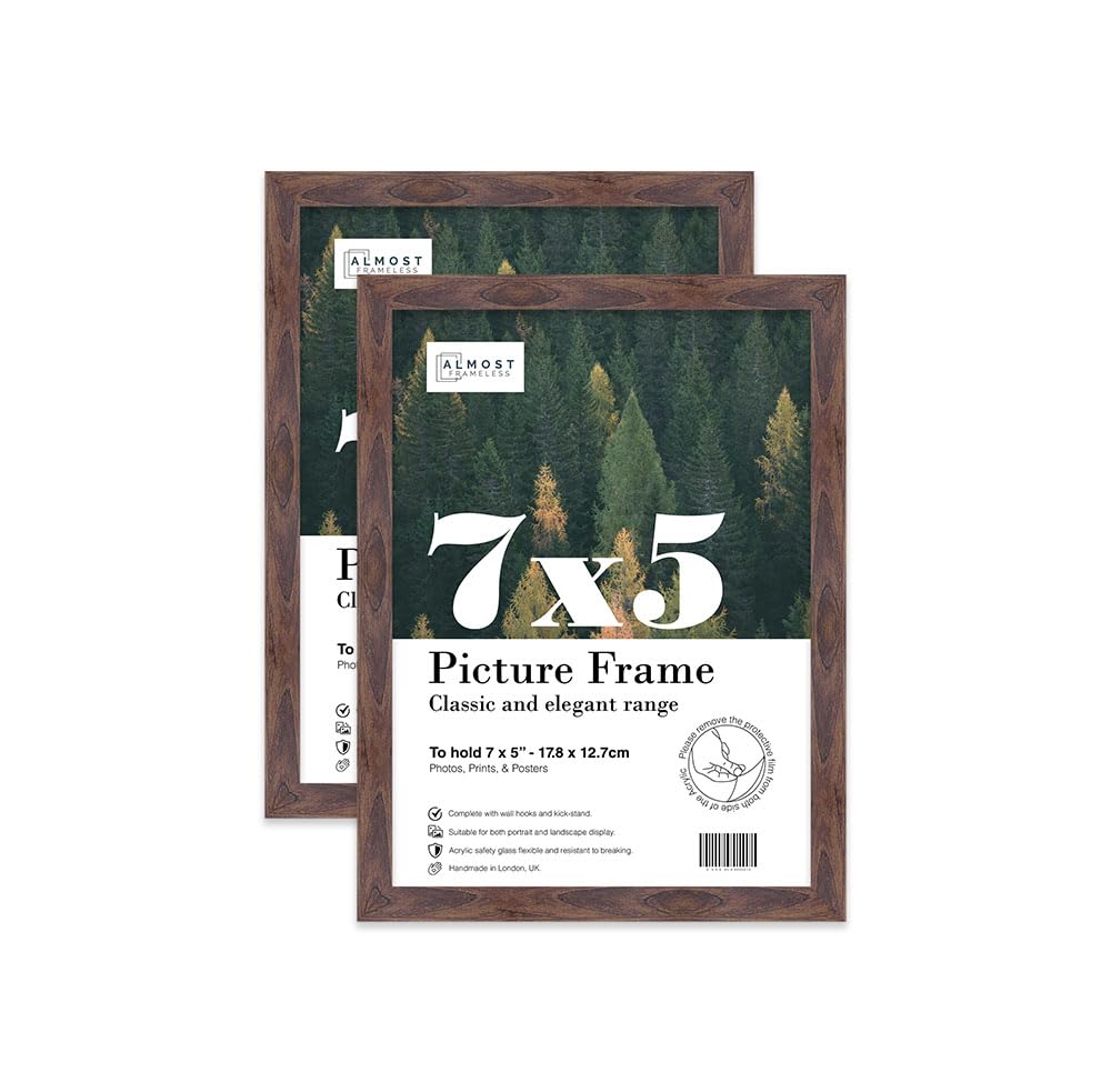 Almost Frameless 7x5 Walnut Picture Frame Set of 2, Display 7x5 Picture Gallery Wall, Poster, Photo, Artwork, or Print, Yellow