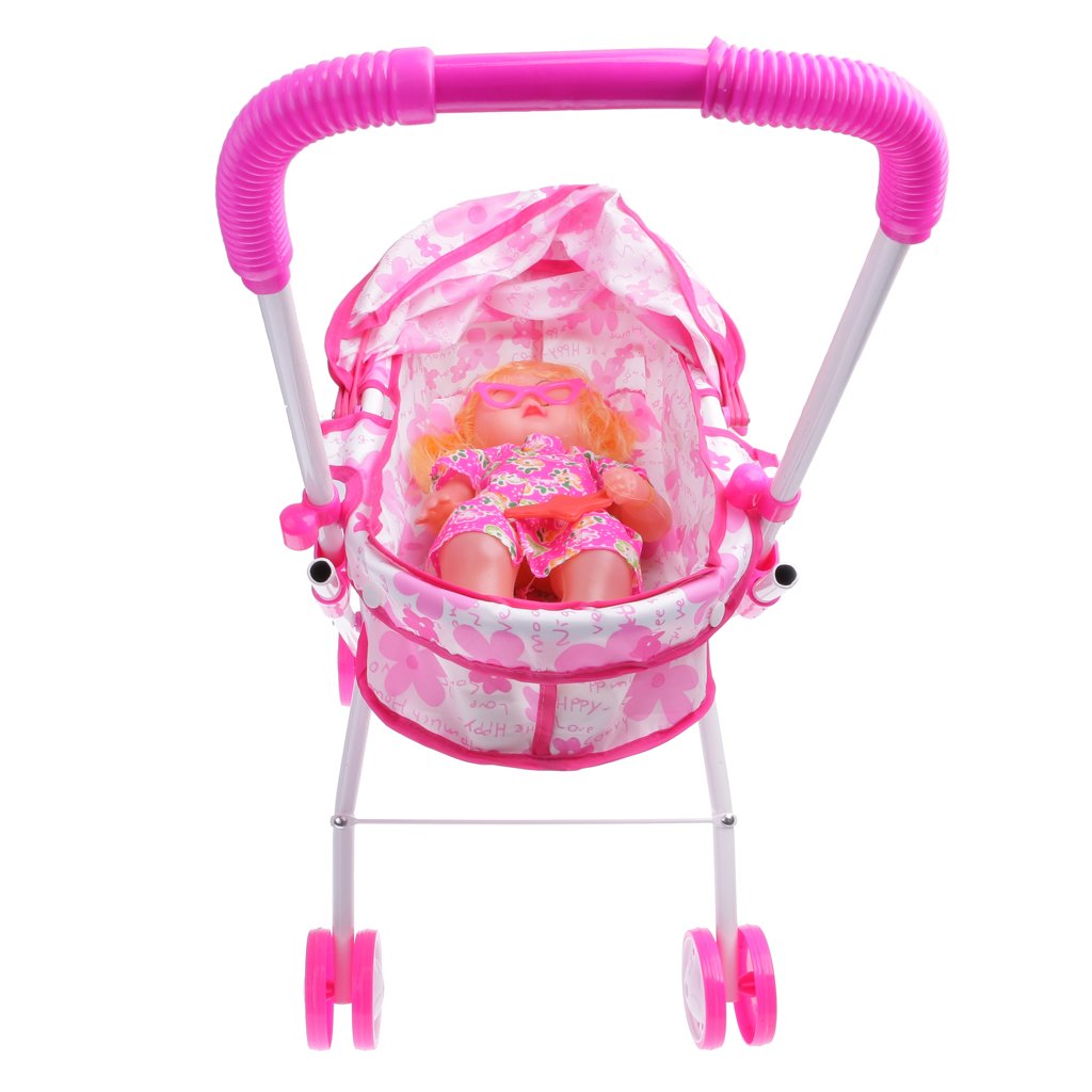 menolana Plastic Doll Stroller W/Baby Doll Children Play Pram Toy Play Set
