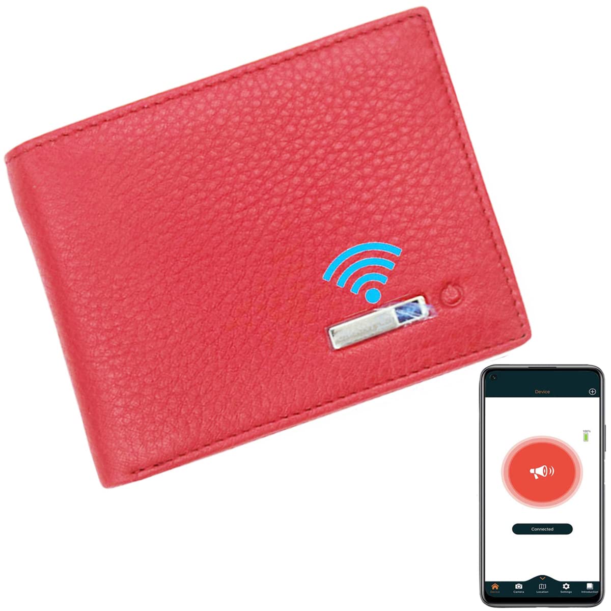 SMART LBIntelligent Anti-Lost Purse with Alarm, Bluetooth, Position Record (via Phone GPS), Bifold Cowhide Leather Minimalist Credit Card Purse (Red, Horizontal)