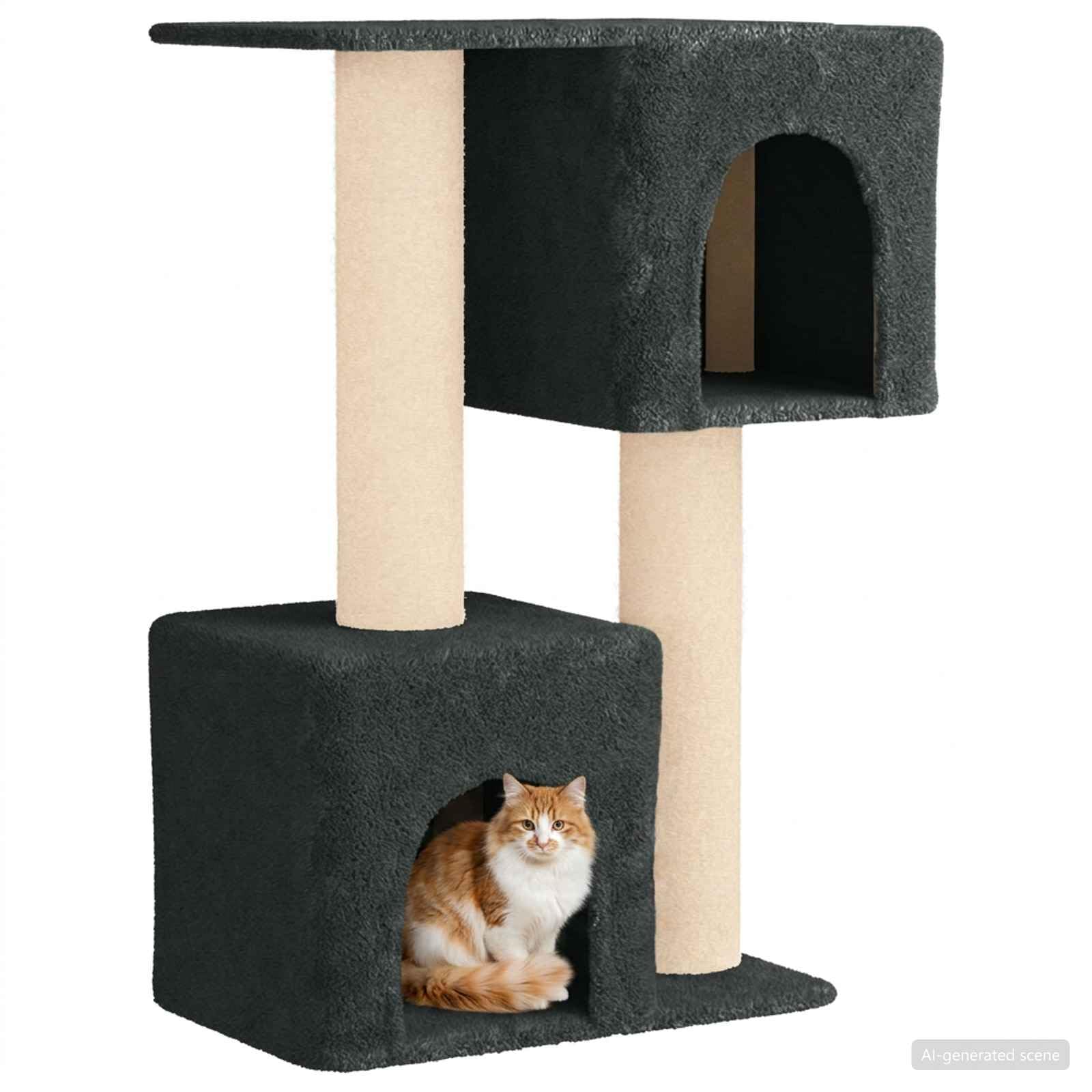 Rascador con columna rascador de sisal, gris oscuro, 114 cm | Torre de escalada de varios pisos con una acogedora cueva para gatos para el salón o el dormitorio.
