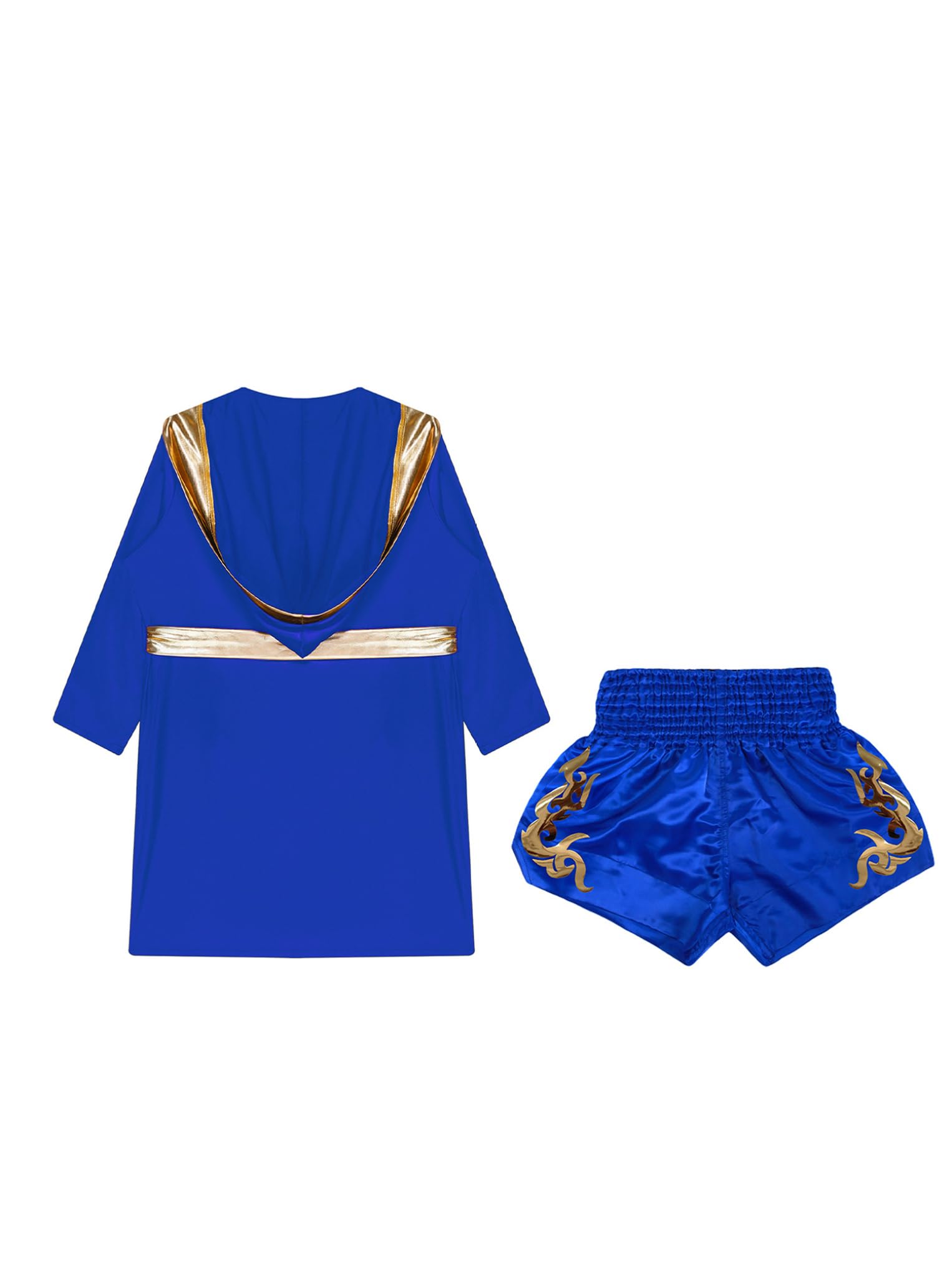 Oyolan Enfant Garçon Ensemble Short de Boxe Peignoir à Capuche Tenue Muay Thai Kick Boxing Bleu royal 11-12 ans