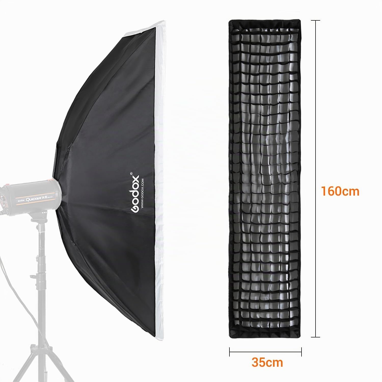 Godox SB-FW - Softbox con rejilla de panal de abeja, 35 x 160 cm, Softbox Rectangular de 14 x 63 pulgadas para flash de estudio, Godox MS300-V, SK400II, SL60 AD400PRO AD600BM