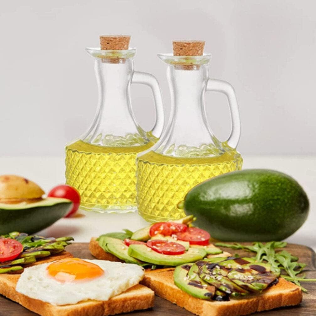 Luxshiny 2pcs Oil Dispenser Glass Bottle with Spout Wooden Stopper Seasoning Container for Oil Vinegar Cooking Kitchen Essential for Home Restaurant