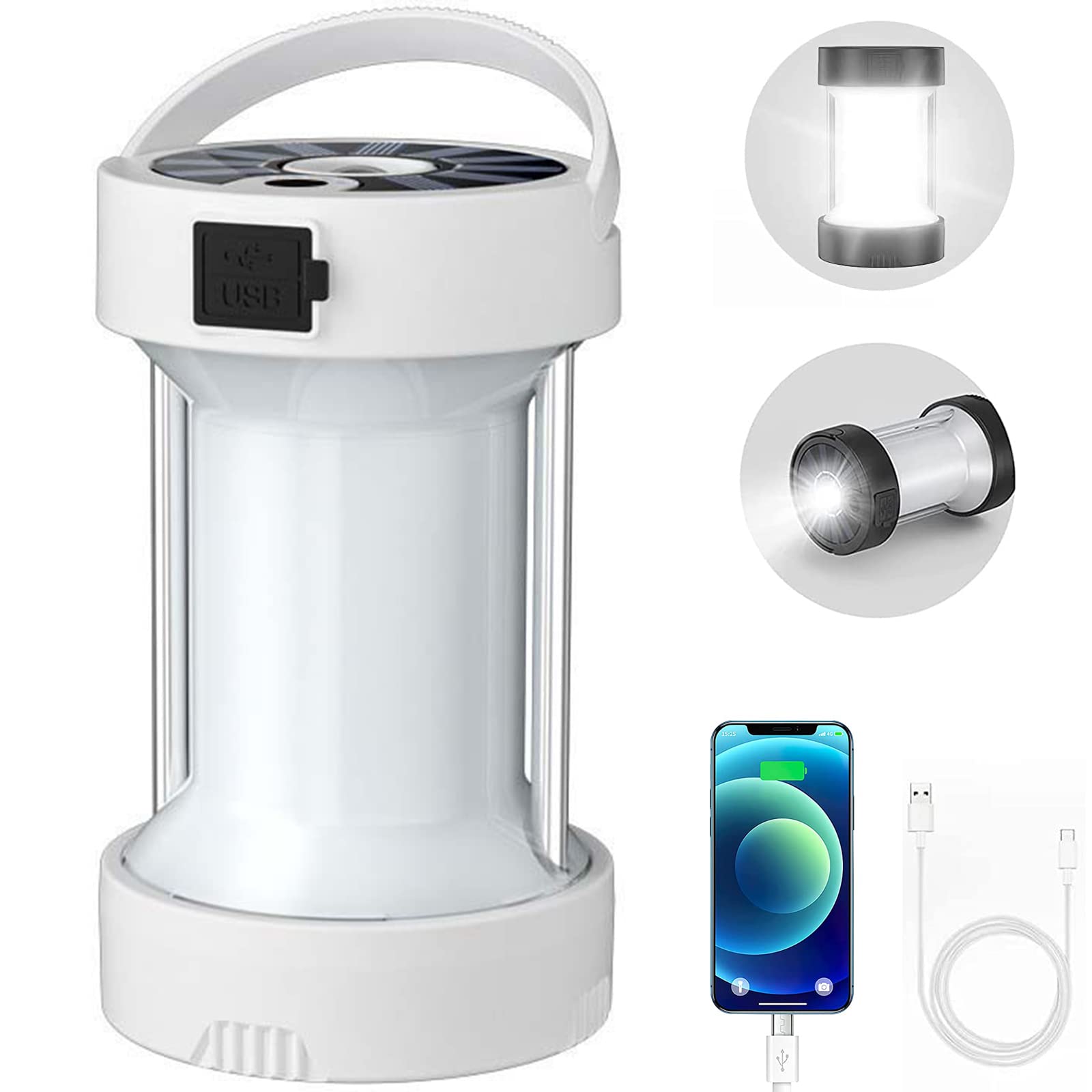 VUCATIN LED Camping Lantern Rechargeable, Solar Led Portable Camping Light, High Lumen Light Flashlight, 4 Modes, Camping Lamp Flashlight for Camping Outdoor Tent Hiking Hurricane Emergency (White)