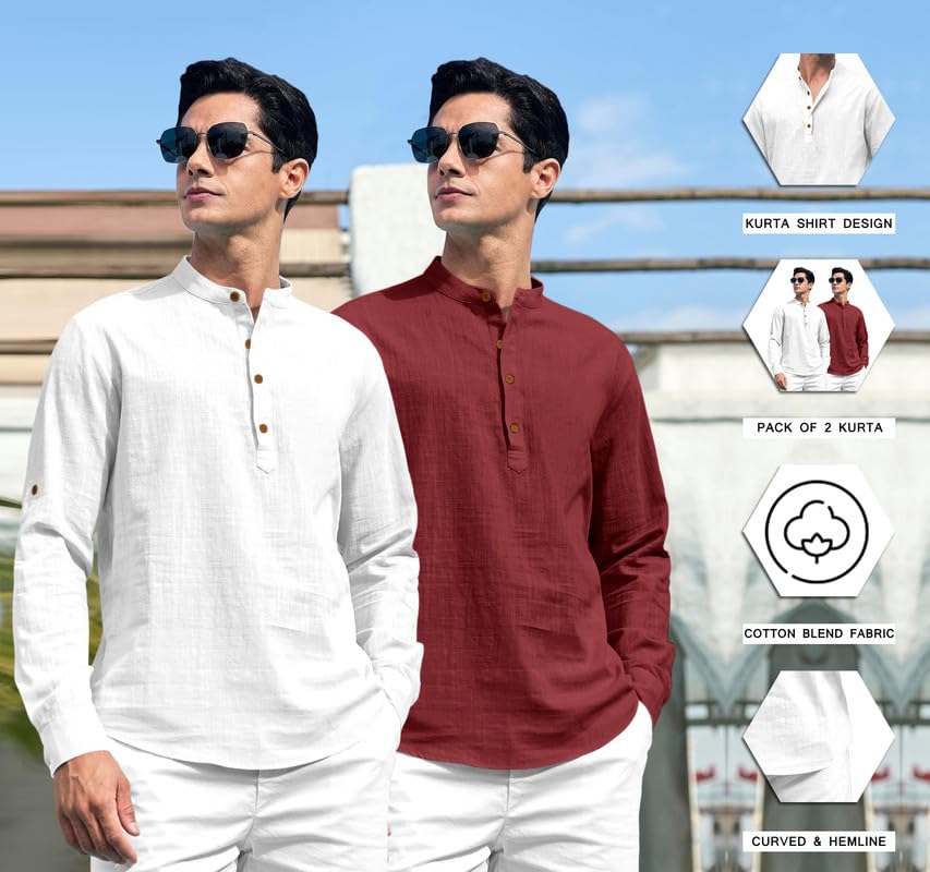 Image of ROYALSCOUT Combo of Men's Solid Cotton Blend Full Sleeve Straight Kurta Shirt (Pack of 2)