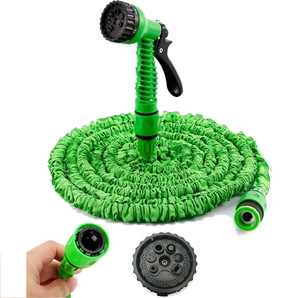 Lucn Magic Water Pipe Household Telescopic Hose Car Wash Gun Watering Garden with 7-Mode Spray Nozzle, Fitting 1/2" & 3/4" Faucet, Green
