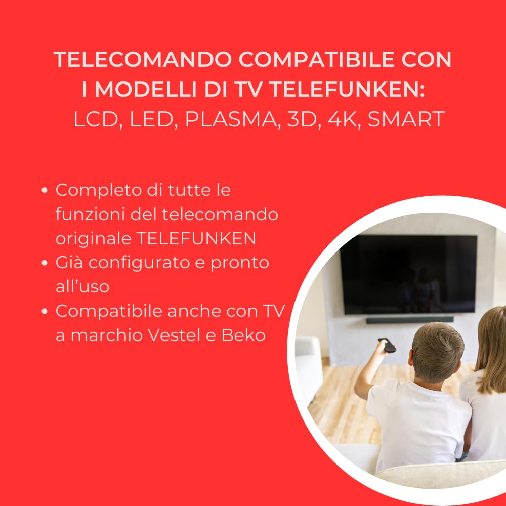 Digiquest Telecomando compatibile con TV a marchio TELEFUNKEN, VESTEL e BEKO | Tasti fluorescenti e dedicati alle piattaforme streaming I Già configurato e pronto all'uso
