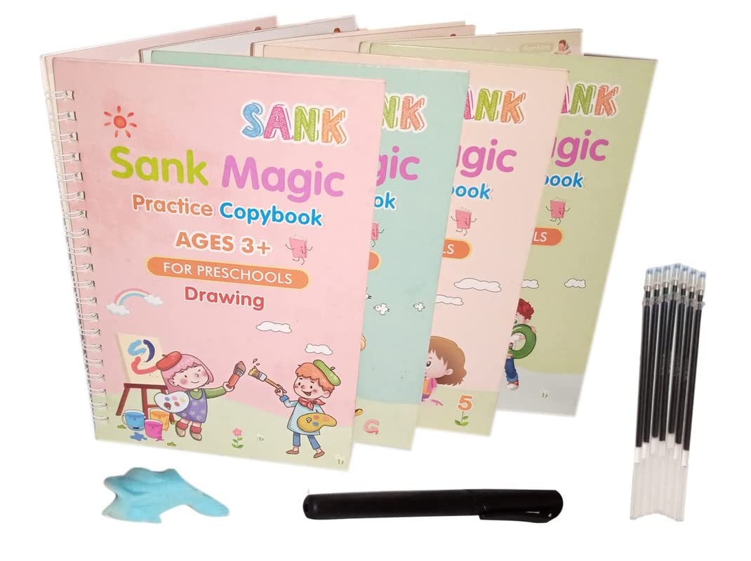 Sank Magic Number Tracing Book for Preschoolers with Pen Practice Copybook, (4 BOOK+10 REFILL+1 pen+1 grip) , Magic Calligraphy Copybook Set Practical Reusable Writing Tool Simple Hand Lettering