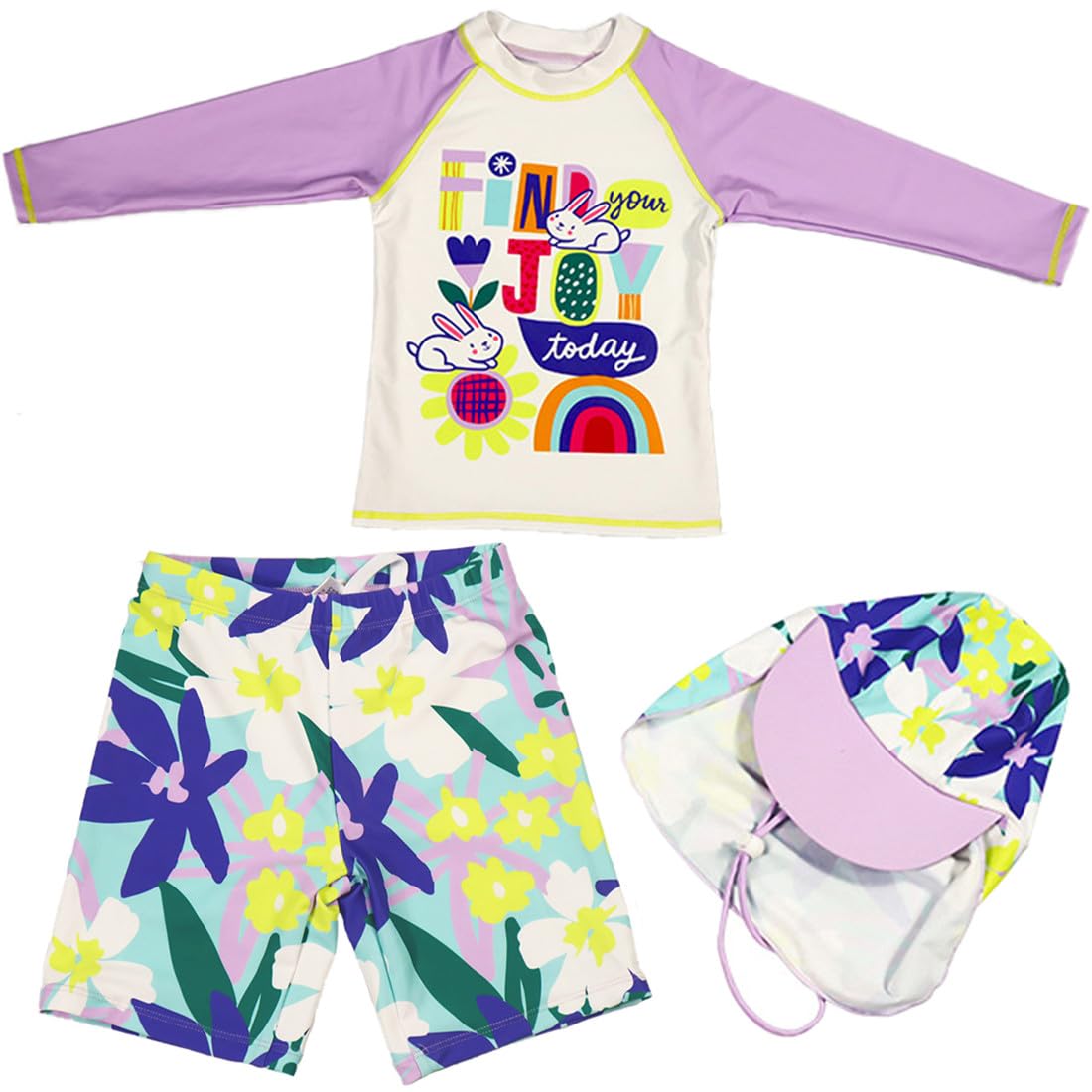 Kids Swimsuit Girls Happy Easter Rabbit Print Swim Shirts Rash Guard Sets Sun Hat UPF 50+ Bathing Suit Swimwear Purple