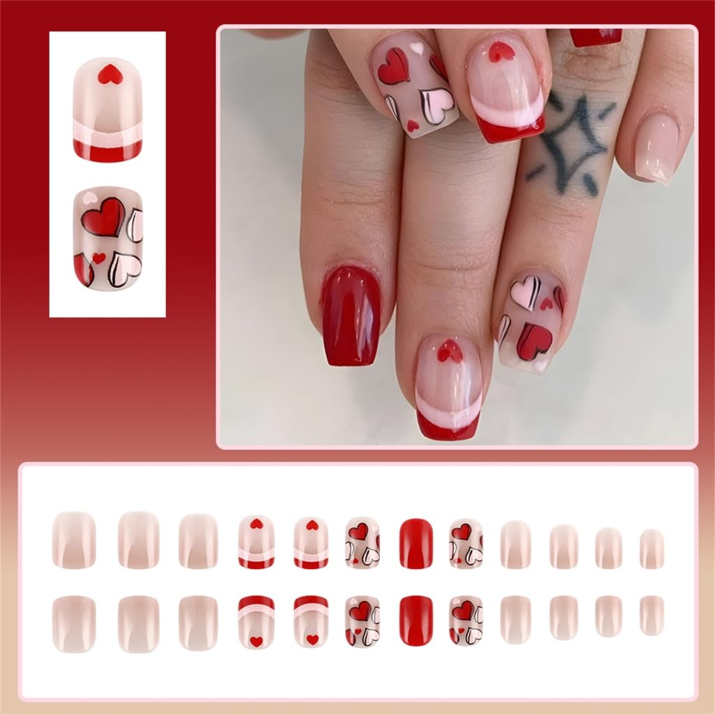 Heart French Tip False Nails Acrylic Stick on Nails Enhancing Your Styles for Weddings Parties 24Pcs