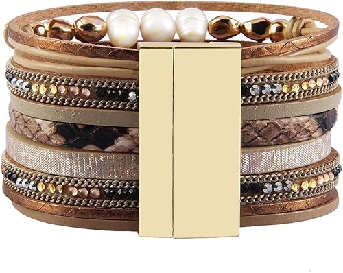 Miniatura 5 de AZORA Pulsera de cuero para mujer, pulseras barrocas con perlas envolventes, magníficas pulseras de tubo de oro, pulseras hechas a mano, joyería