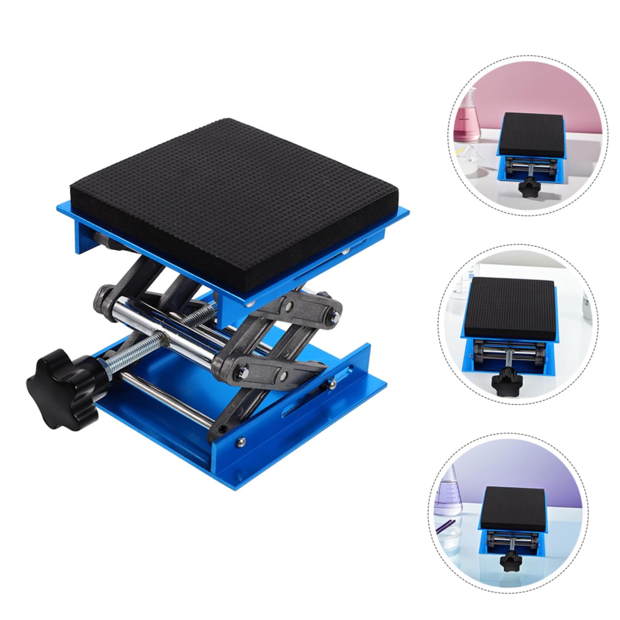 GLEAVI Soporte Elevador de Tijera para Laboratorio con Amortiguación de Esponja, Plataforma Ajustable de Aluminio 15x15cm Antideslizante para Instrumentos y Equipos de Laboratorio