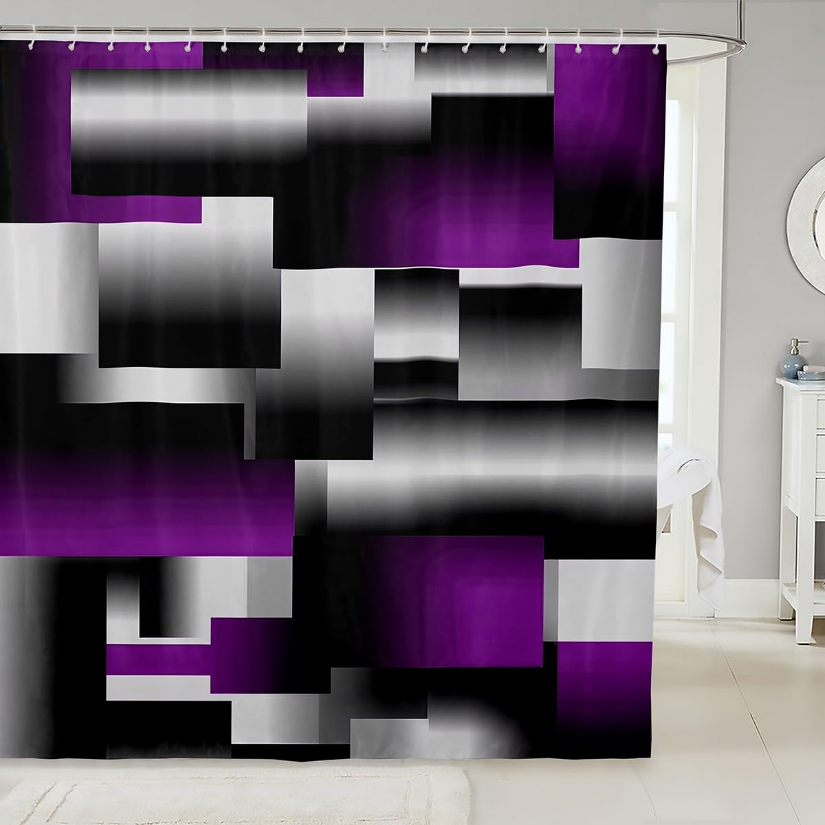 Black Purple Geometric Shower Curtain for Bathroom - 3D Rendering Abstract Art Set for Women Men - Modern Waterproof Rectangle Bath Decor - 72"x78"