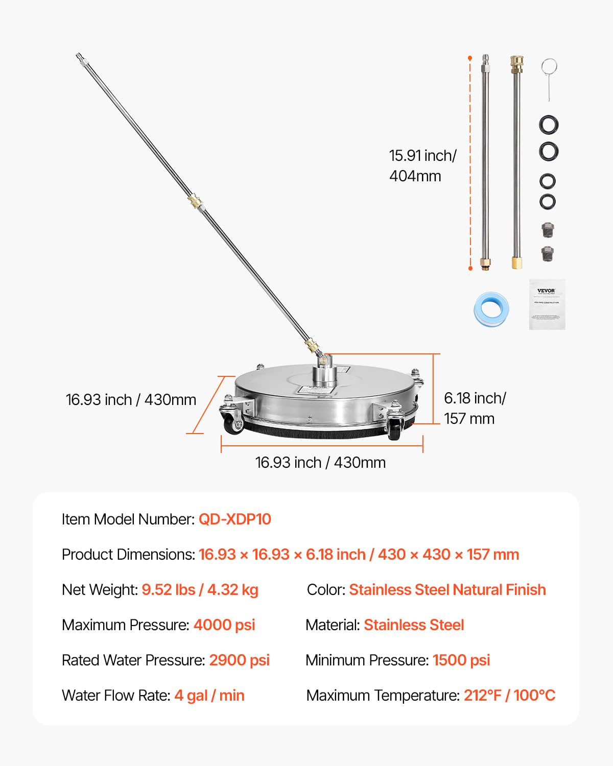 VEVOR Myjka wysokociśnieniowa 430 mm, środek do czyszczenia powierzchni ze stali nierdzewnej z 4 kółkami, maks. 4000 PSI, szybkie przyłącze 1/4 cala, 2 dysze natryskowe, 2 przedłużone pręty do betonu