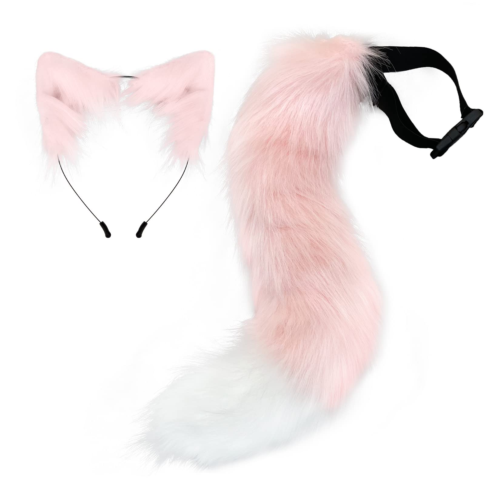 Moyubath Cat Ears Headband Wolf Fox Tail Set Handmade Animal Cosplay Costume Faux Fur Headdress Party Accessories (Pink)