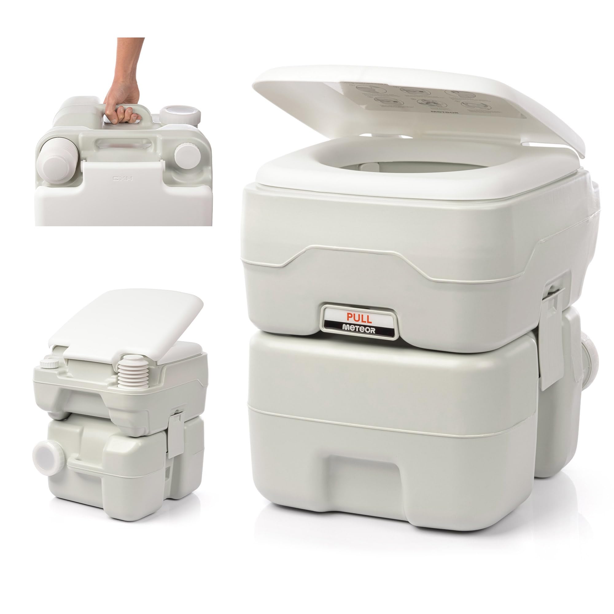 meteor Campingtoilette 20 + 12L Gespült Tank Mobiles WC Touristentoilette Mobile Trenntoilette Autotoilette Camping-Toilette Klo für unterwegs Tragbare Reisetoilette Campingklo bis 200 kg