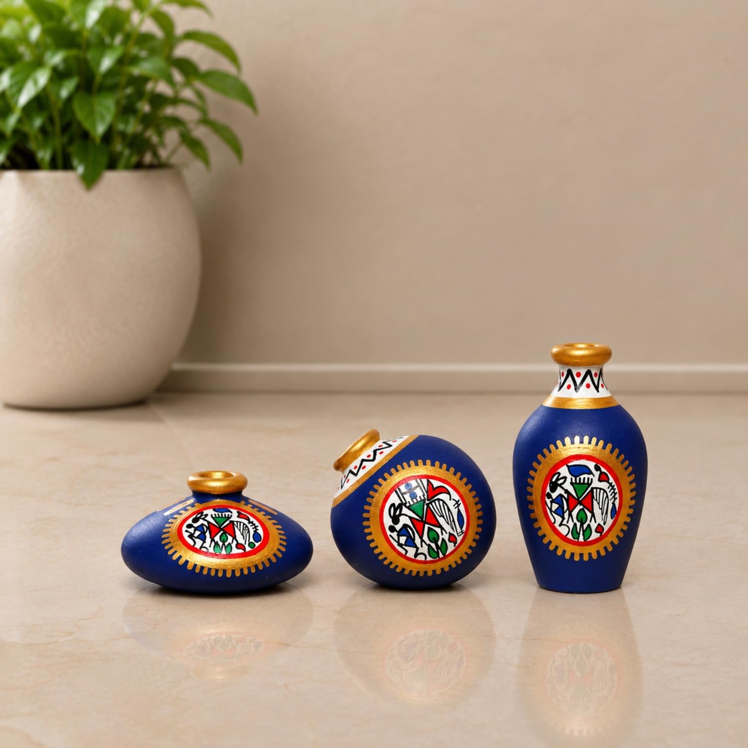 Warli Handpainted Terracotta Pots - Set of 3 -11
