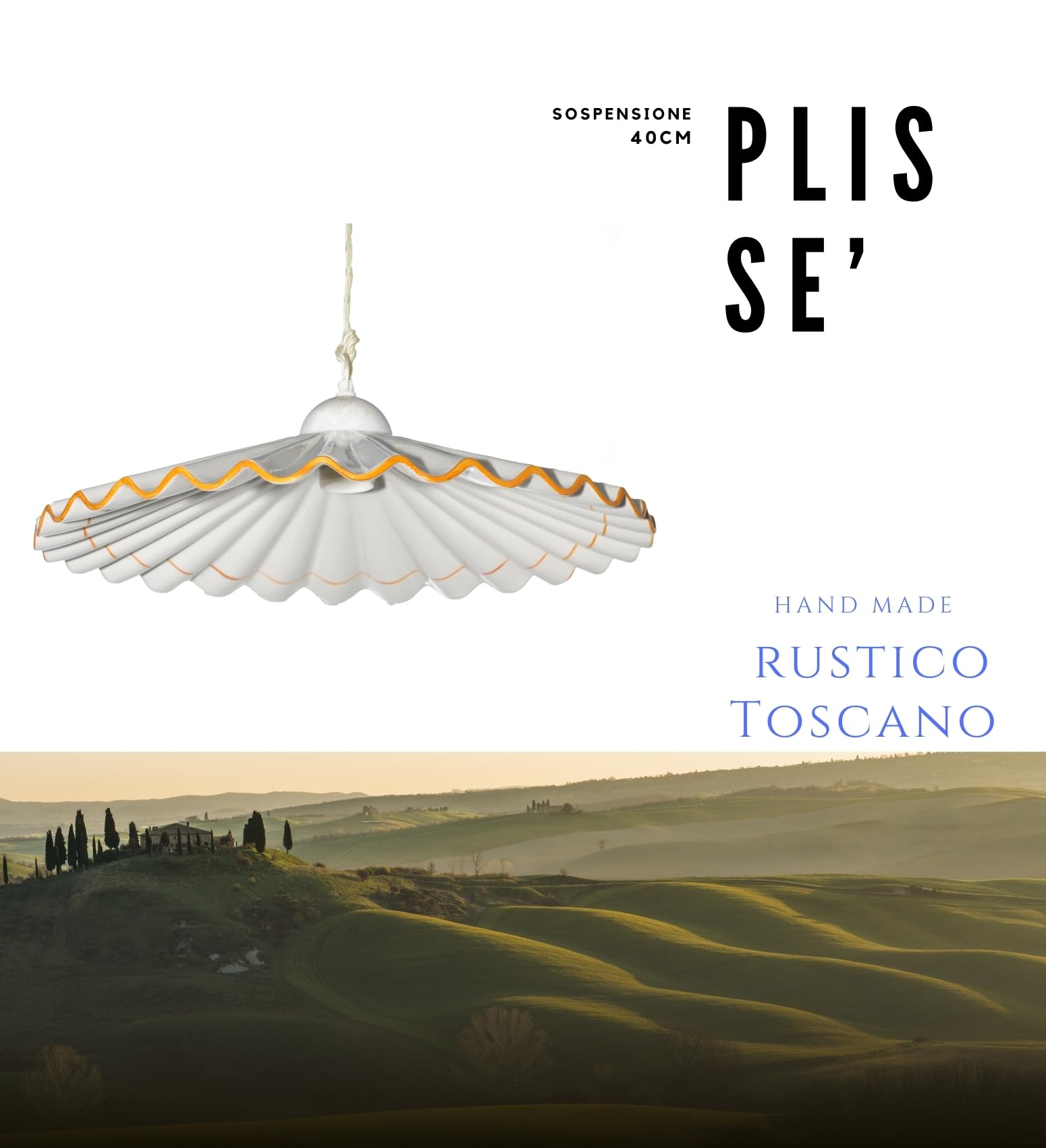 VANNI LAMPADARI - Lampadario a Sospensione Plissè- Lampadario Soggiorno in Ceramica- Lampadario Camera da Letto Decorato a Mano- Lampadario Rustico Taverna, Cucina- Made in Italy- 40 cm, Ocra