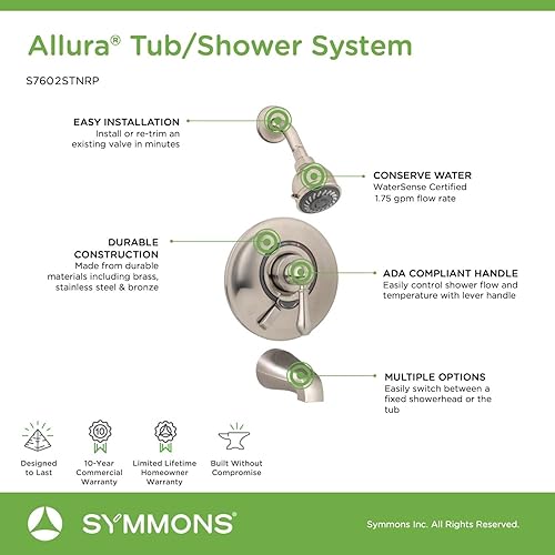 Miniatura 4 de Symmons S7602STNRP Sistema de bañeraducha Allura con control de volumen integral secundario, níquel satinado