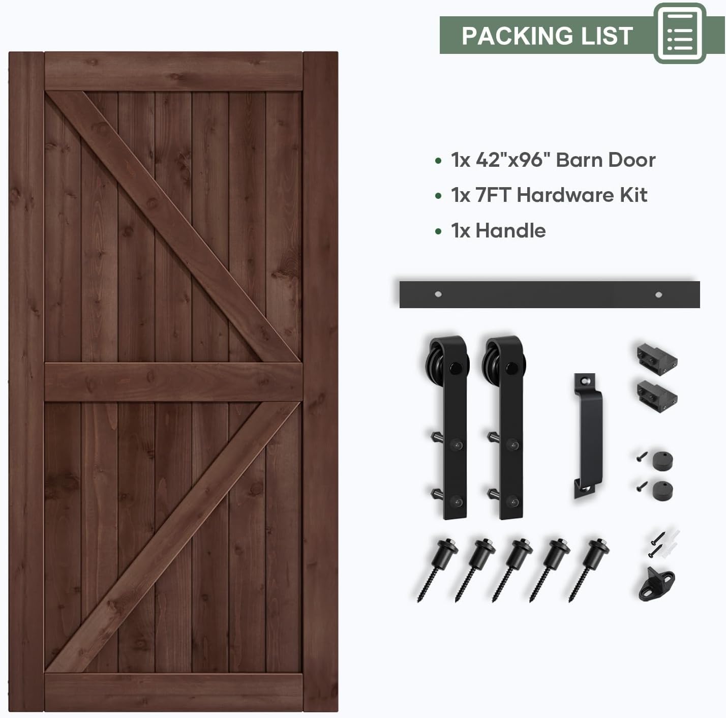 42x96 inch Sliding Barn Wood Door Slab with 7ft Hardware Kit and Handle, Coffee, K Shape, Simple DIY Assembly