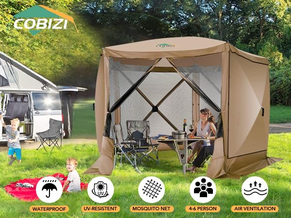 Image of COBIZI 10x10 Pop up Gazebo Screen House Tent for Camping, Pop-up Camping Canopy with Sidewalls, Portable Outdoor Quick-Set Hub Tent with Carrying Bag&Ground Stakes, Khaki(Upgraded 2.0)