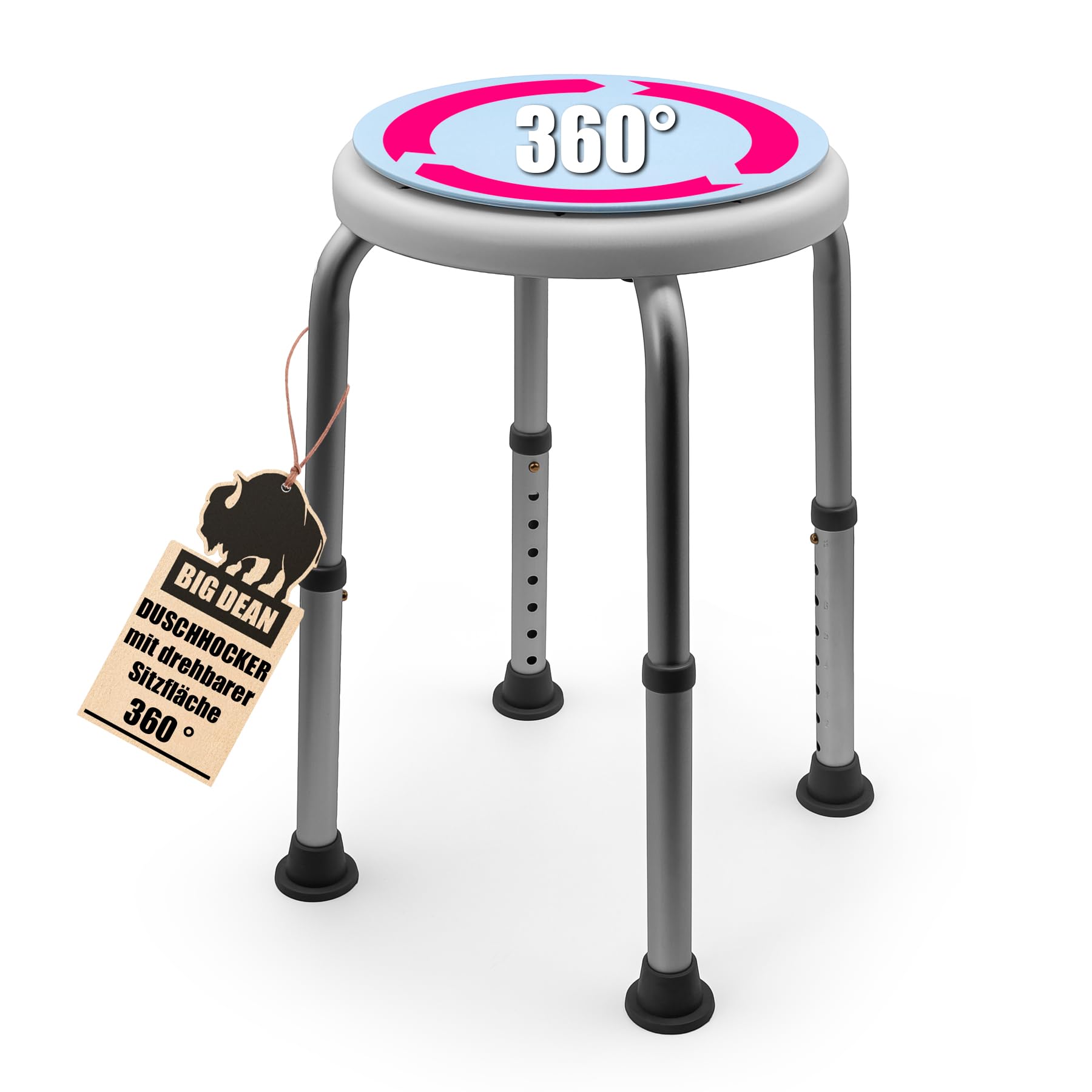 Duschhocker 360° drehbarer belastbarer Duschstuhl bis 136 kg höhenverstellbarer Duschhocker. rutschfest durch Gummifüße