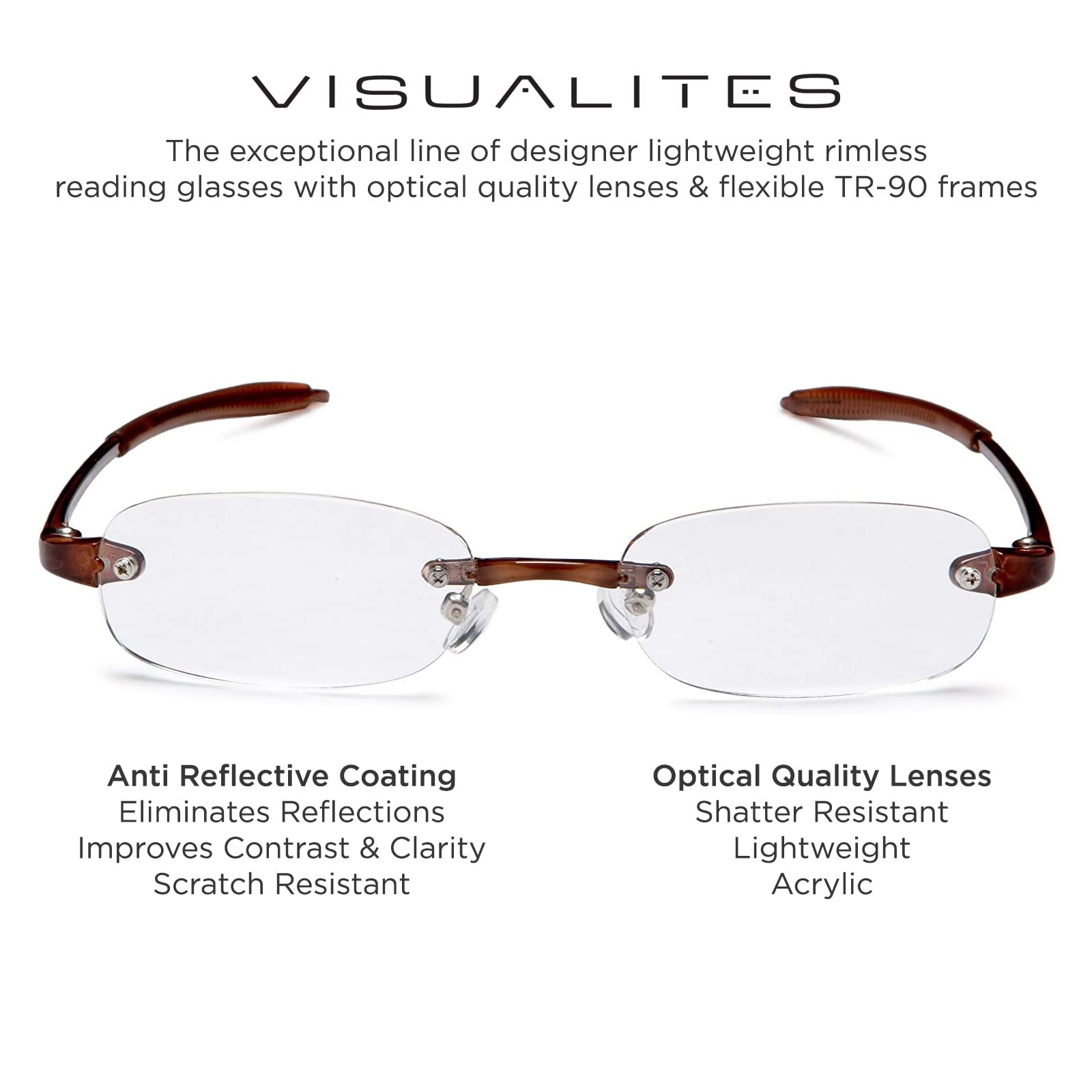 Visualites 5 Brown 2.50 Lightweight Oval Rimless Reading Glasses for Men and Woman