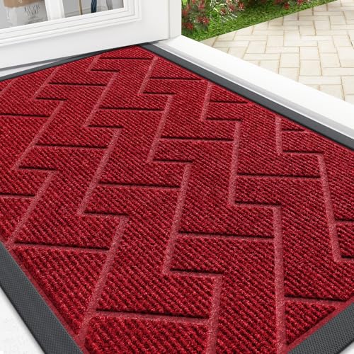 Image of OLANLY Front Door Mat Indoor Outdoor Entrance, Waterproof All-Season, All-Weather Doormat, Sturdy Natural Rubber, Easy Clean Patio Porch Entryway Mat, Herringbone Brick (Wine Red, 29.5x17)