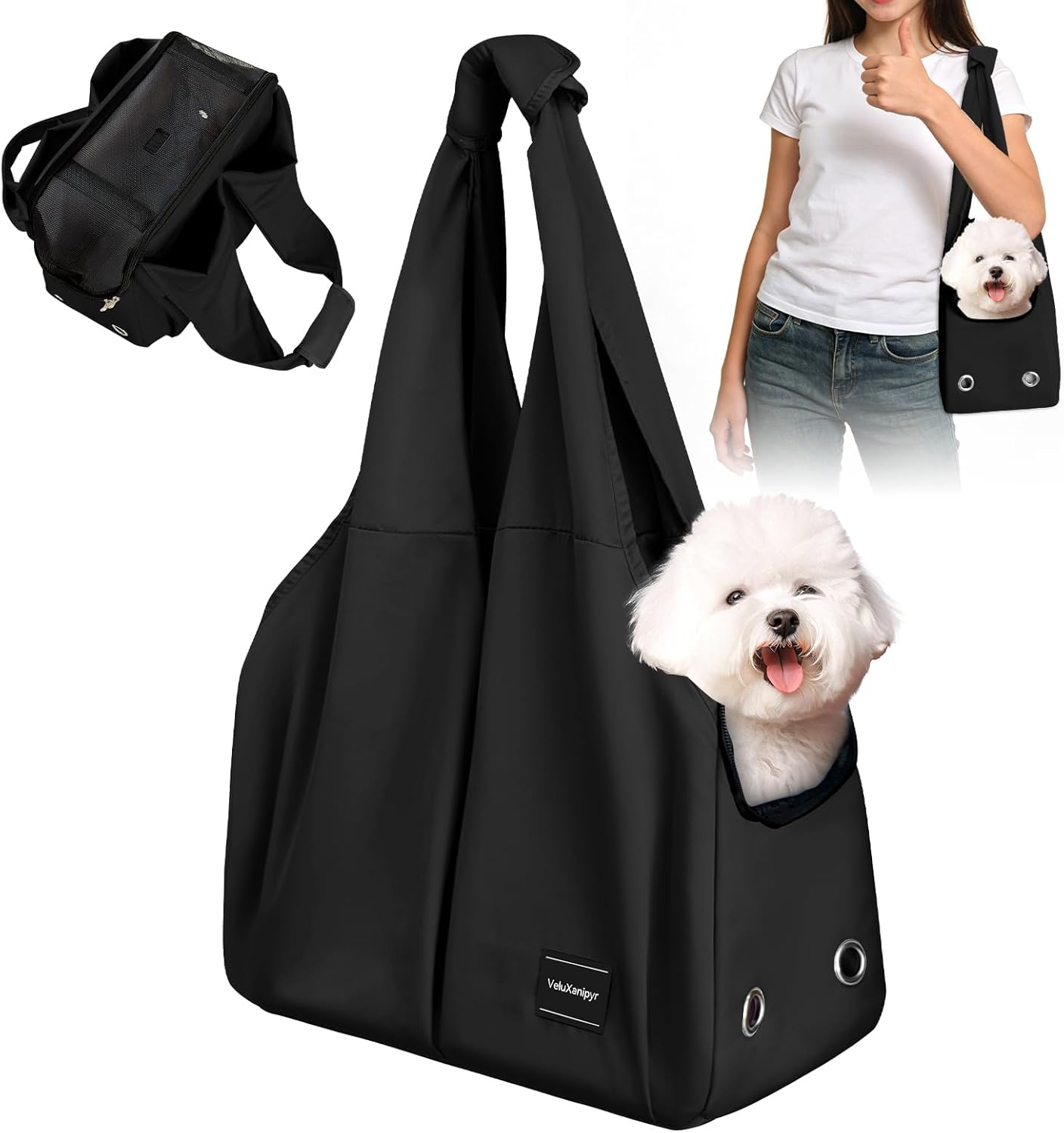 Dog Purse Carrier, Small Dog Cat Puppy Outdoor Portable Bag, Foldable Breathable 3‑Speed Zipper Access Pet Travel Bag with Large-Capacity Pockets, 15 lbs Capacity,Black