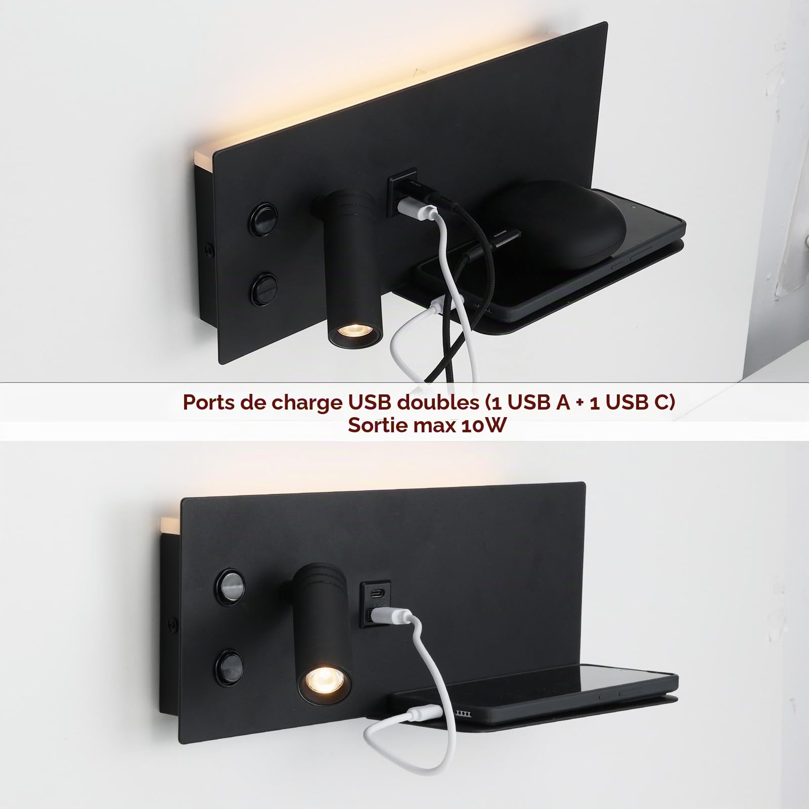 Alpinaluz Applique Mural Noir Mat avec Spot LED Gauche, Lumière Chaude 2700K, Ports USB-C et USB-A, Interrupteurs Indépendants et Étagère Métallique pour Téléphone