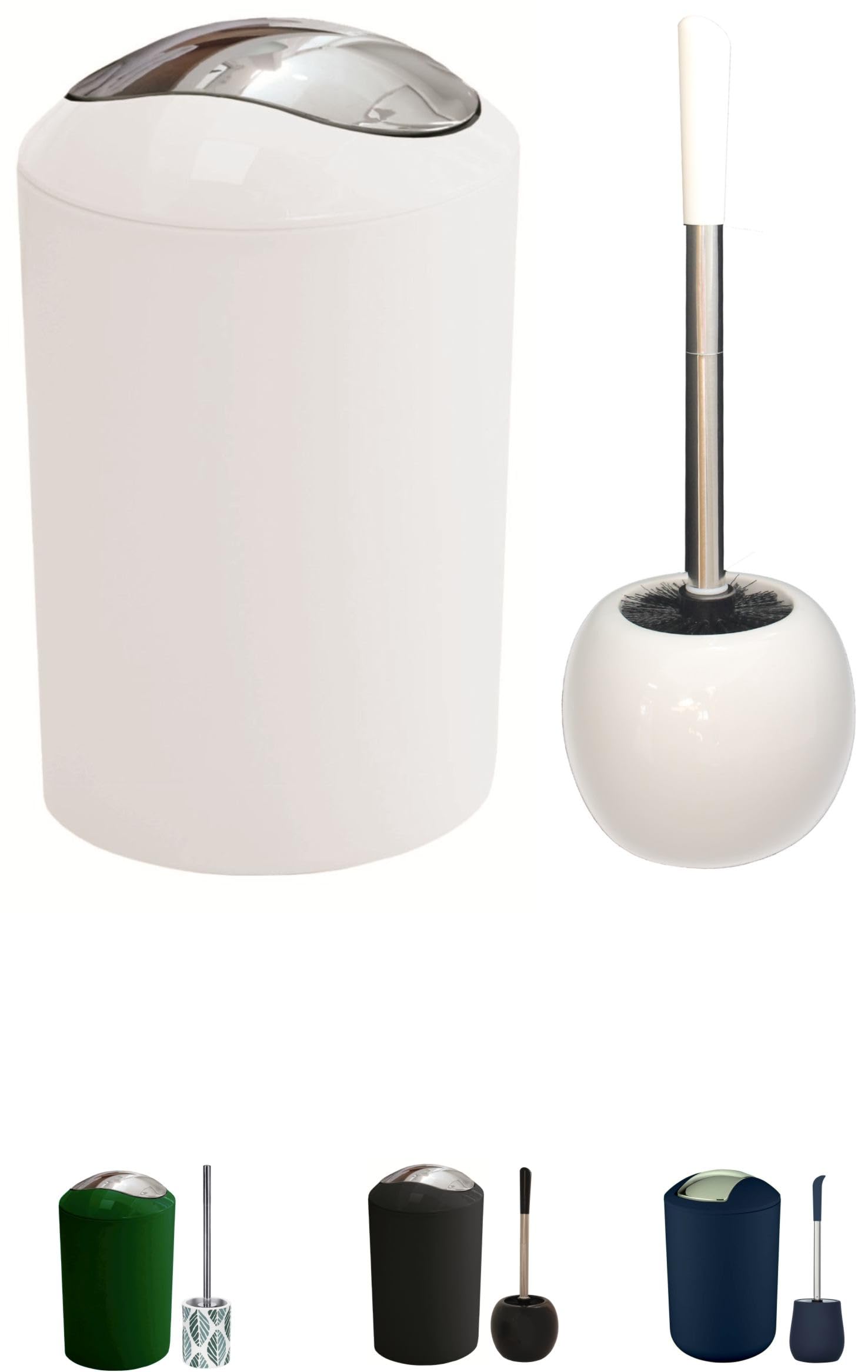 KW Ceramic Toilet Brush and High Grade Plastic Bathroom Swing Bin Set (White)