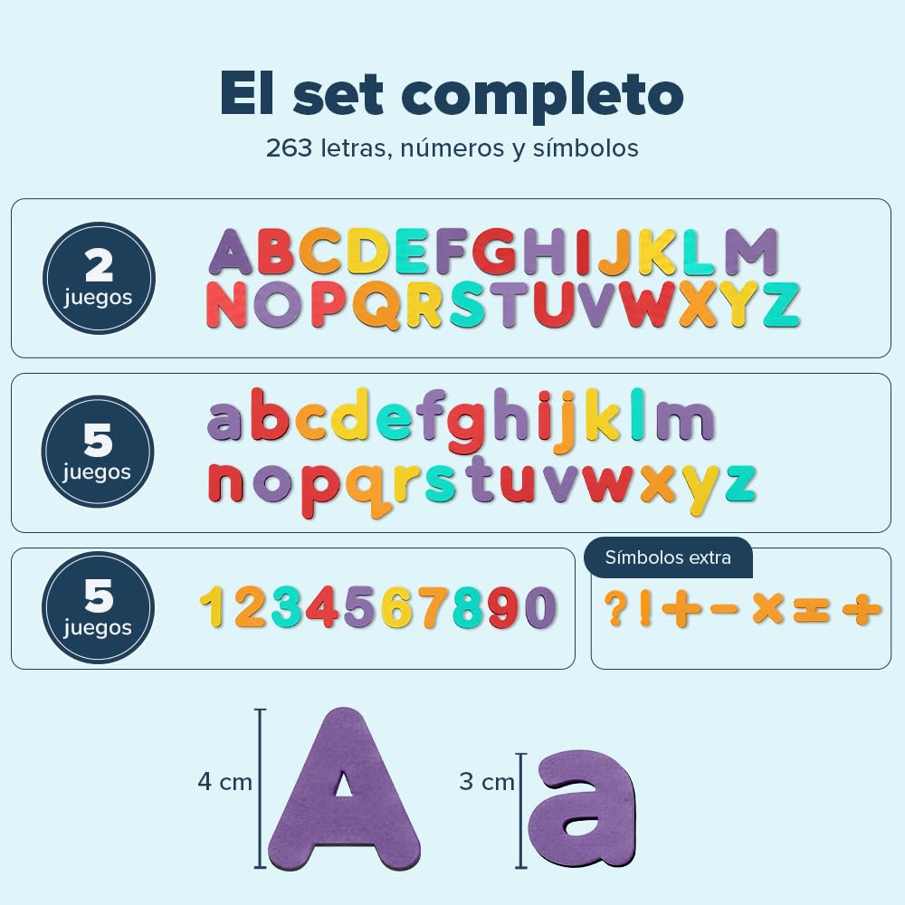 Letras y Números Magnéticos para Niños - Conjunto Completo: 182 Letras y 81 Números y Símbolos - Imanes Gruesos de Espuma para la Nevera - Incluye 2 Cajas, Pizarra Magnética, Rotuladores y Borrador