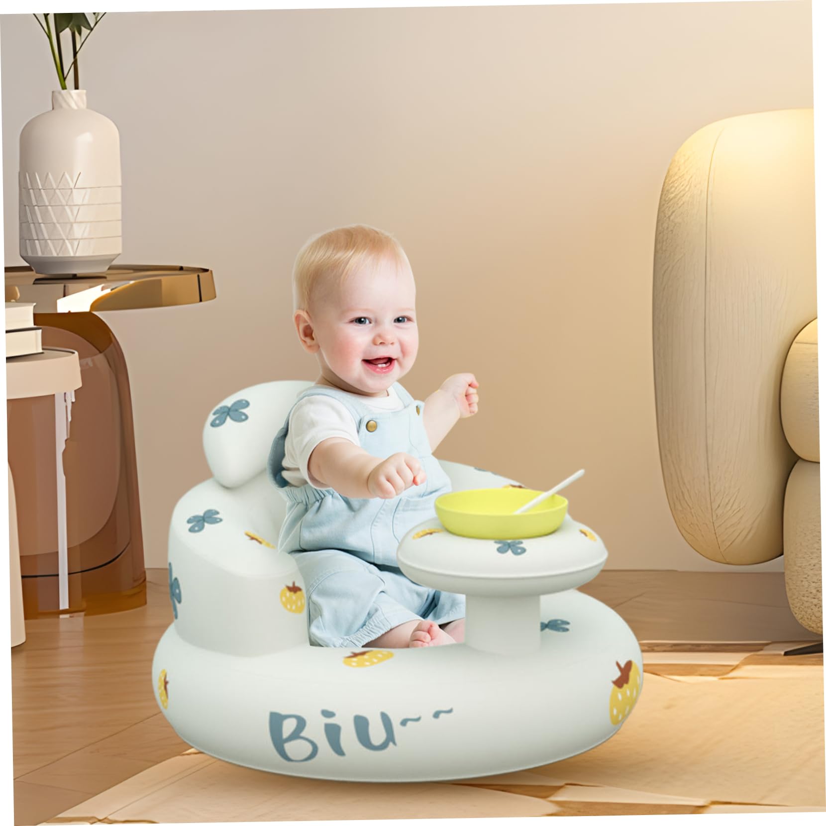Inflatable Baby Seat with Tray, Soft Safe Inflatable Baby Chair BPA Free, Foldable Pumpkin Patterned Baby Sitting Support with Built in Pump, Mesh Base, Heightened Back Blow Up Chair Inflatable Baby