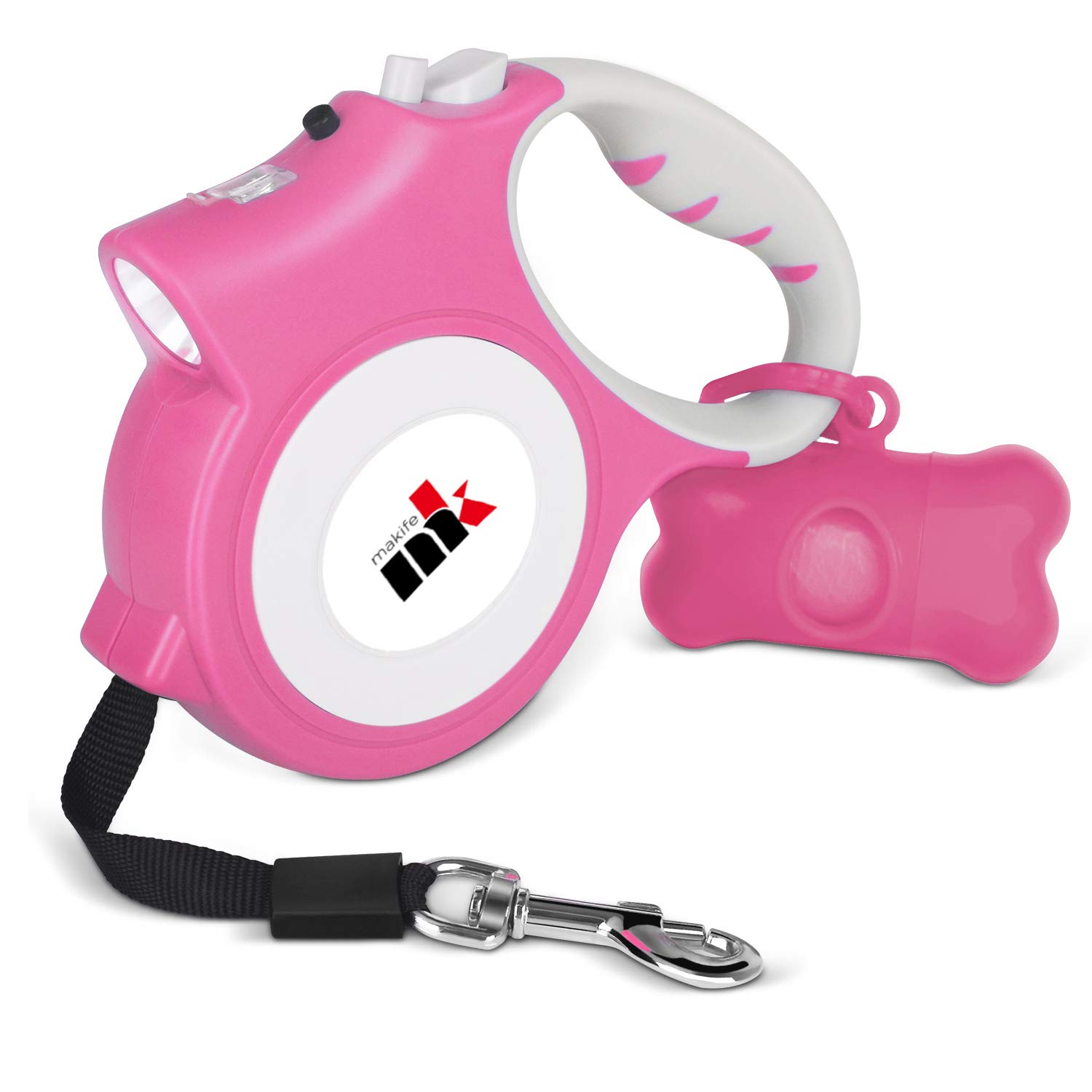 Correa retráctil para Perros Makife 5m Correas para Perros, para Menos de 25kg Perros Grandes y medianos, Linterna, Bolsa de residuos para Perros - Rosado