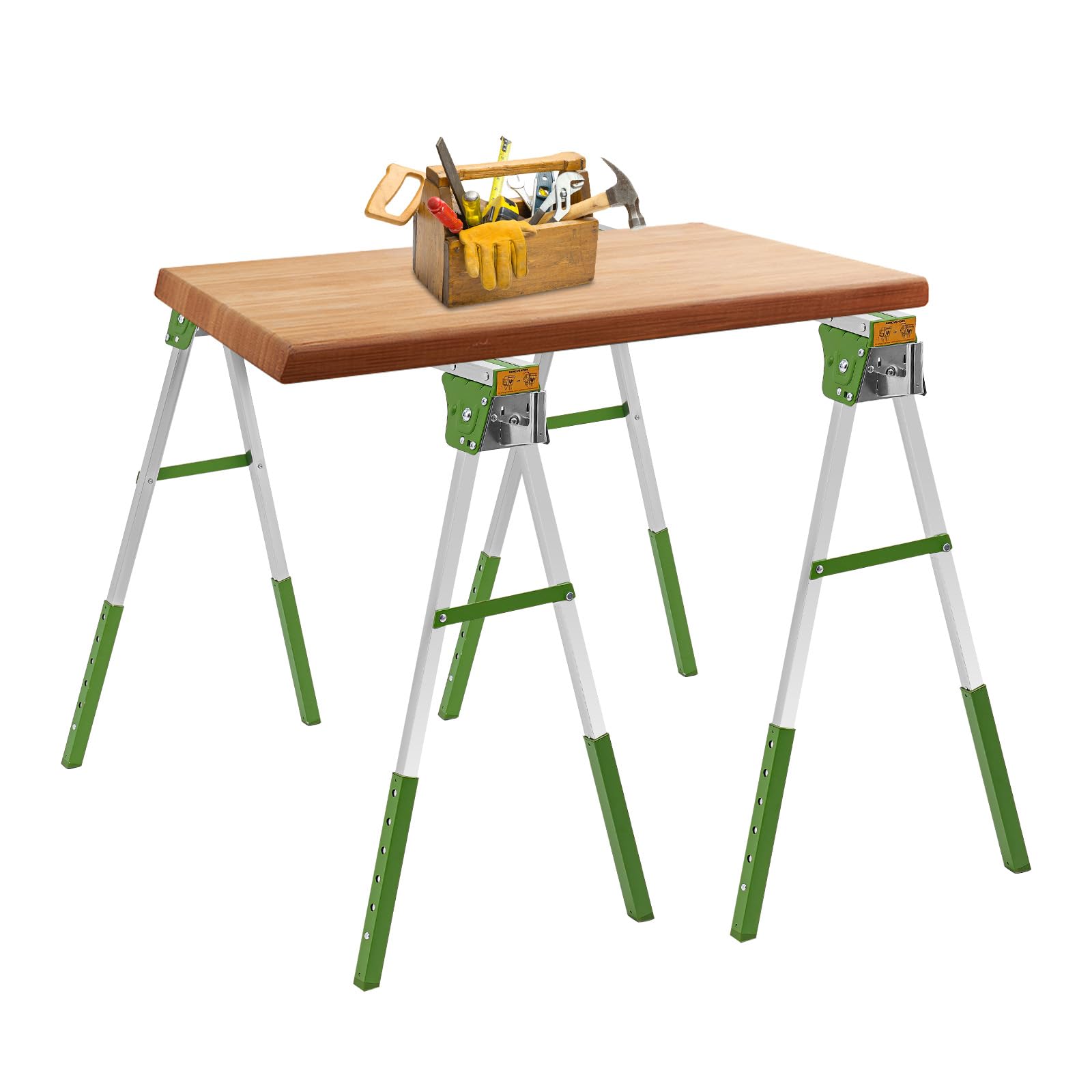 Juego de 2 caballetes de trabajo plegables, altura ajustable, capacidad de carga de 1200 kg, 6 ajustes de altura (72-89 cm), caballete plegable para banco de trabajo, garaje, obras (verde)
