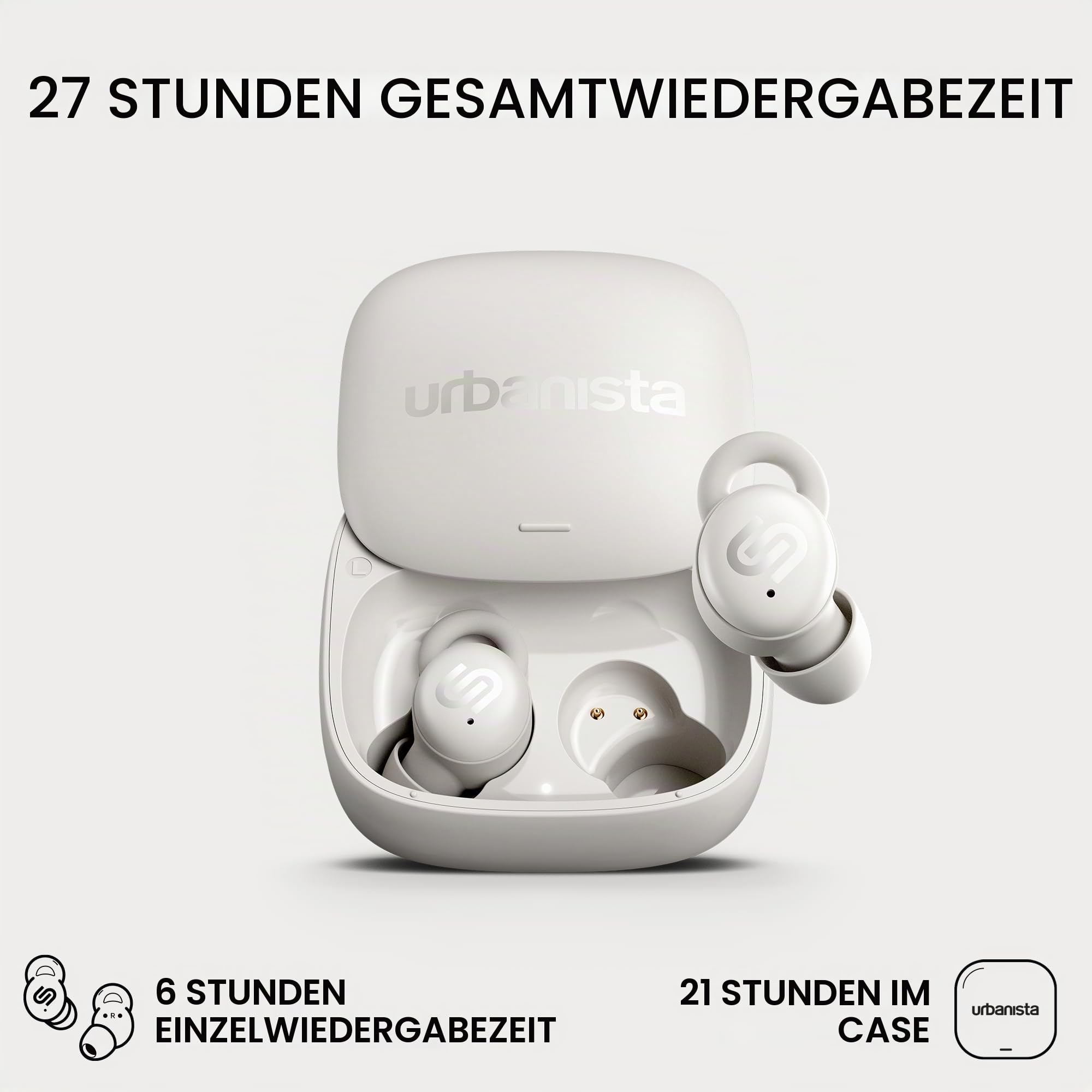 Urbanista Mini Schlafkopfhörer Sleep Earbuds, Geräuschblockierung Ohrhörer, Seitenschläfer, 27h Wiedergabe, Einstellbare Sleep-Timer, Bequemes flaches Design, Porto Bluetooth 5.4, 3 EQ-Modus, Weiß