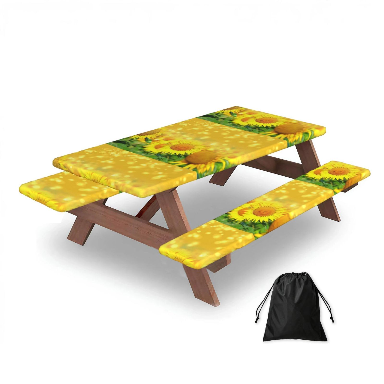Dopklna As Picture Sunflower Field Print, Picnic Table Cover With Bench Covers -Waterproof Elastic Fitted Tablecloth For Garden Camping Patio 76X152cm