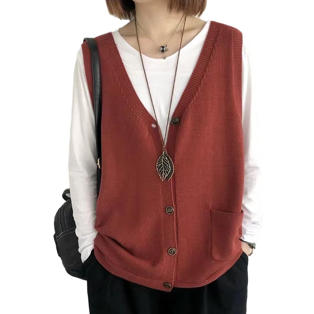 Donne Pulsante Collo a V Senza Maniche Loose Maglione a Maglia Gilet a Strati Gilet Cardigan