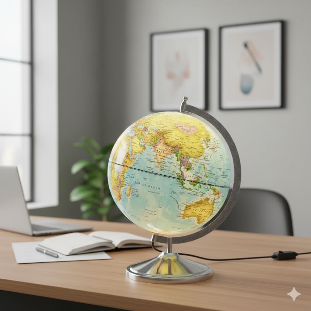10 Inch Illuminated Moon Globe with Metal Stand, World Map, Polished Alloy Steel, Wooden Base, Educational Desk Decor