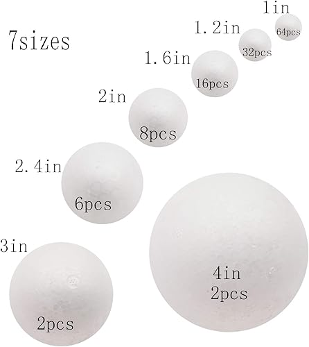 Miniatura 3 de Paquete de 129 bolas de espuma para manualidades, 7 tamaños incluyendo 1-4 pulgadas, bolas redondas lisas de poliestireno blanco, bolas de espuma